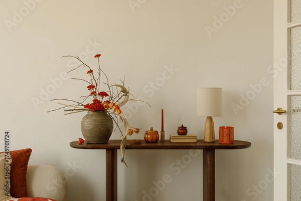 Obraz Minimalist composition of wooden shelf with dried lowers in vase, lamp, decoration and personal accessories. Stylish home decor.