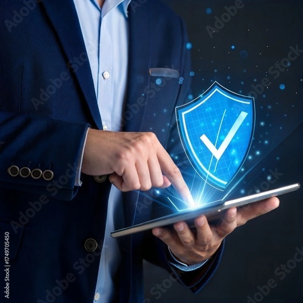 Fototapeta Businessman touching a digital security shield icon on a tablet