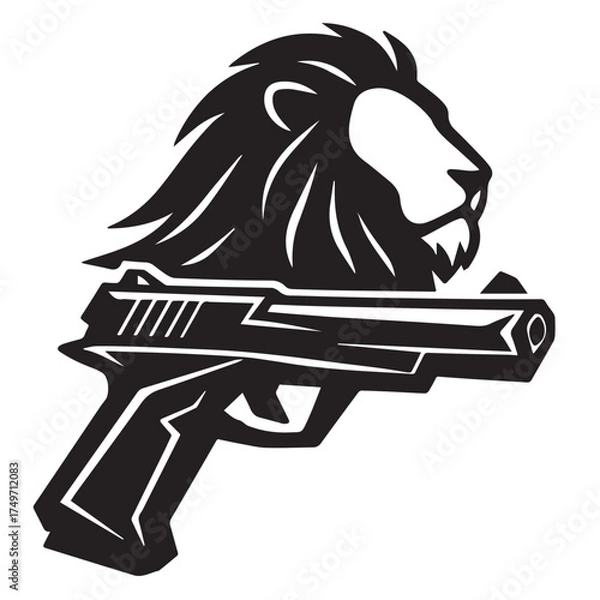 Fototapeta Bold black silhouette of a lion head combined with a handgun symbolizing power strength and courage perfect for logos tattoos apparel and creative artwork themes