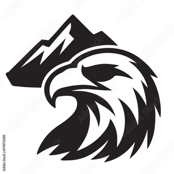 Fototapeta Bold black silhouette of an eagle head merged with mountain peak representing power strength and freedom perfect for logos tattoos apparel and creative design themes