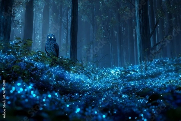 Fototapeta Enchanting owl with glowing eyes surveys a magical forest floor illuminated by sparkling blue lights, creating a whimsical and captivating scene