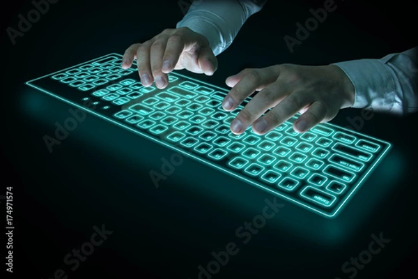 Fototapeta Virtual keyboard and hands. Illustration for programmer day or system administrator day.