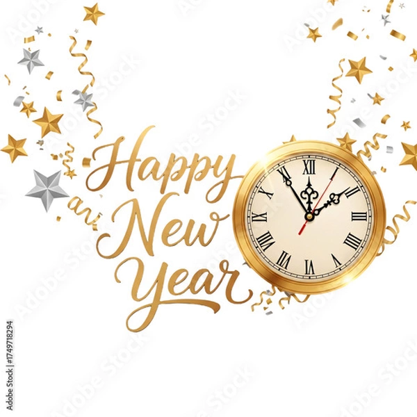 Fototapeta Happy New Year Celebration Countdown with Golden Clock & Stars on transparent background