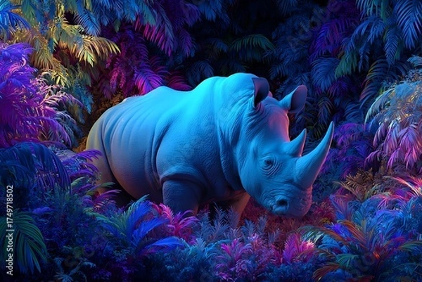 Fototapeta Discover the beauty of a rhino amidst vibrant neon flora, perfect for captivating wildlife campaigns and imaginative designs that demand attention