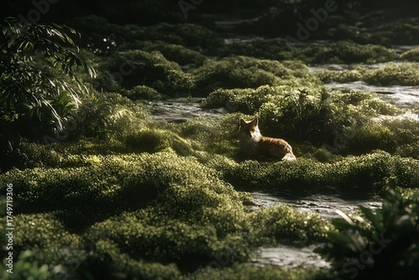 Fototapeta Stunning red fox resting peacefully in mossy forest glade with magical light, a serene moment in nature's embrace, ideal for wildlife and conservation projects