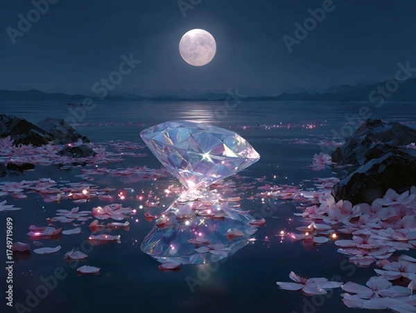 Fototapeta A dreamy night scene featuring a large diamond reflecting the moonlight on a serene lake.