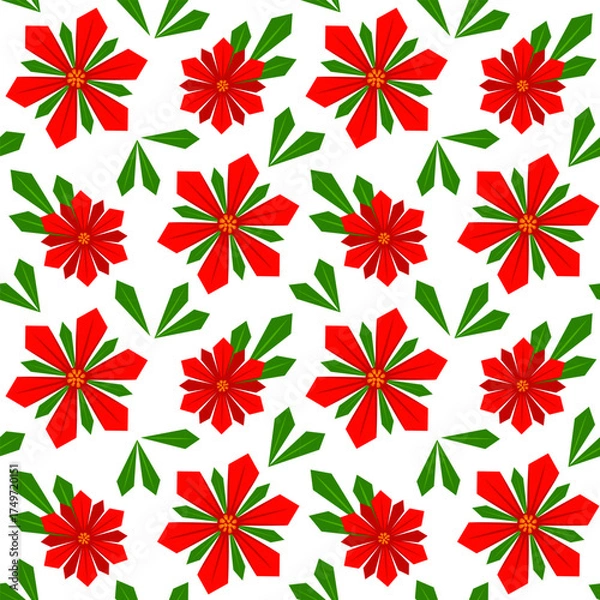 Obraz Red Christmas Flower Poinsettia Seamless Pattern Repeating on White  Background