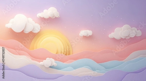 Fototapeta A serene paper-cut landscape featuring layered waves, a rising sun, and fluffy clouds, all in soft pastel colors.