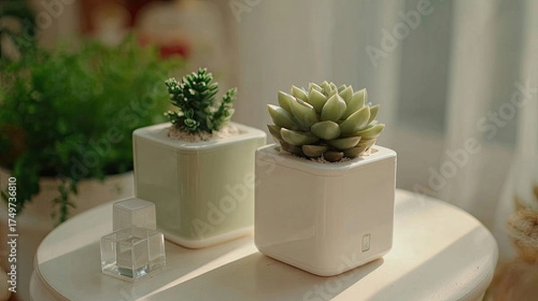 Obraz Two Succulents in Minimalist Planters Bathed in Natural Light