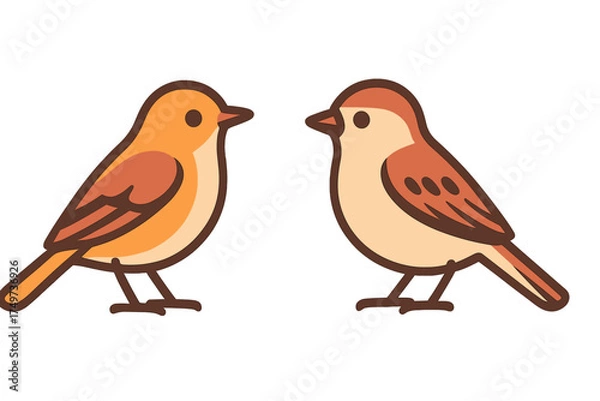Fototapeta Two cute cartoon sparrows facing each other in simple outline style