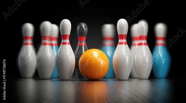 Fototapeta Bowling pins and ball on a reflective surface.