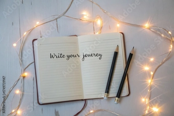 Fototapeta Open Notebook with Glowing Lights for Writing Creative Thoughts