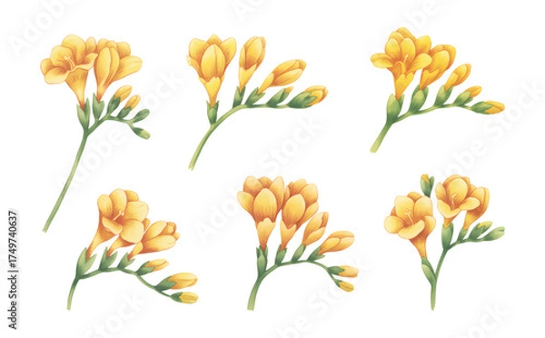 Fototapeta Yellow Freesia Watercolor Bouquet Set. Hand Painted Botanical Floral Illustration Isolated on White background.