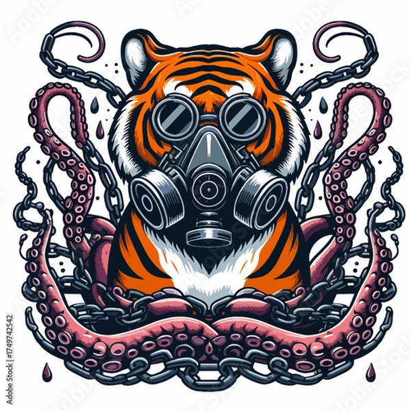 Fototapeta A detailed illustration of a tiger wearing a gas mask, surrounded by octopus tentacles and heavy chains.