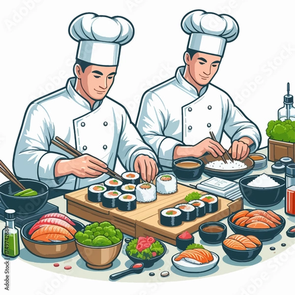 Fototapeta Two skilled chefs meticulously prepare a variety of fresh sushi rolls and sashimi at a clean wooden counter, surrounded by fresh ingredients and traditional tools.