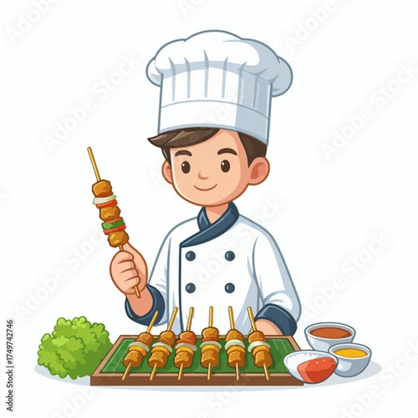 Fototapeta A friendly cartoon chef in a white uniform holding a delicious grilled skewer with meat and vegetables, preparing more skewers on a wooden tray with various dipping sauces.