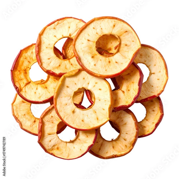 Fototapeta Close-up of dried apple slices, overlapping in a small pile against black