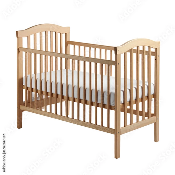 Fototapeta An empty wooden crib with a mattress, against a black background