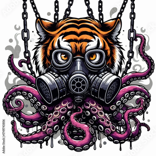 Fototapeta A striking graphic illustration of a tiger head wearing a gas mask, fused with an octopus body and tentacles, suspended by chains with smoke effects.