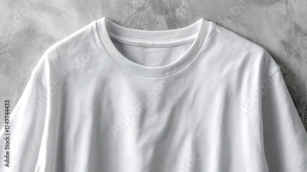 Fototapeta Round neck T-shirt flat lay mockup with smooth wrinkles and soft lighting, light neutral background, simple fashion concept