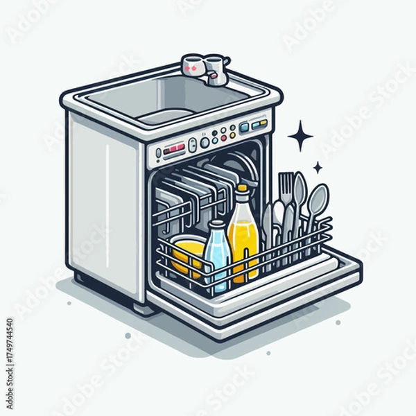 Fototapeta A cartoon illustration of an open dishwasher filled with clean dishes, cutlery, and bottles, with mugs on top, in an isometric view.