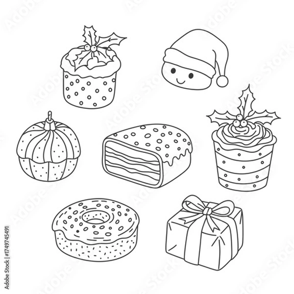 Fototapeta A black and white line drawing of various Christmas themed sweets and a gift.