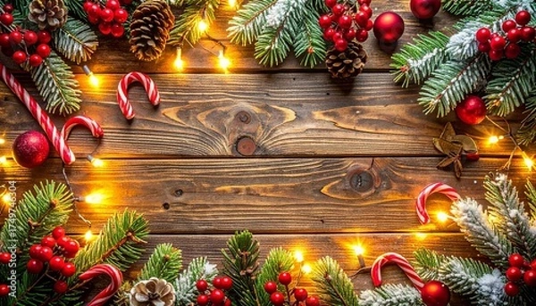 Fototapeta Rustic Wooden Table Christmas Flat Lay with Pine Branches, Red Berries, Candy Canes, and Ornaments, Festive Holiday Background

