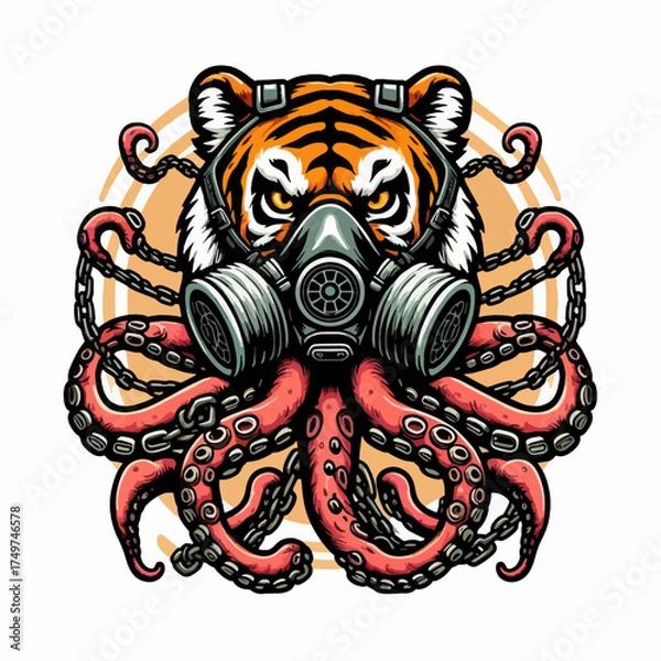 Fototapeta Intricate illustration of a tiger head wearing a gas mask and goggles, combined with octopus tentacles and chains, set against a circular background.