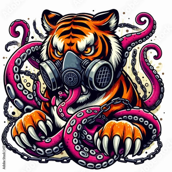 Fototapeta Vibrant illustration of a fierce tiger wearing a gas mask, intertwined with pink octopus tentacles and chains, in a bold graphic art style.