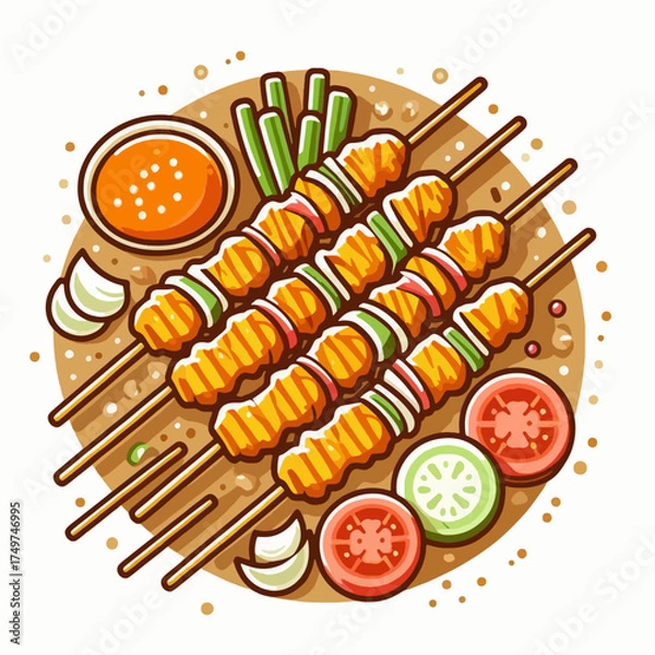 Obraz Illustrative overhead view of grilled chicken skewers with vegetables, dipping sauce, and fresh garnishes.