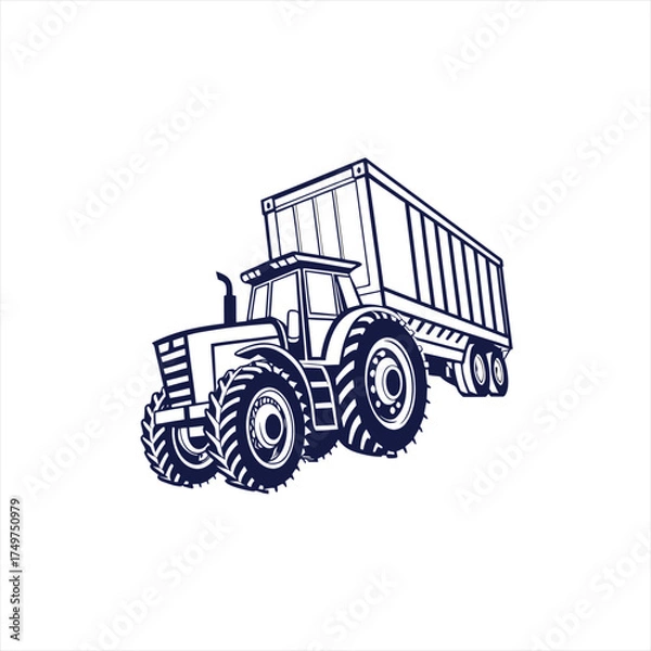 Obraz Stylized illustration of a blue tractor pulling a trailer