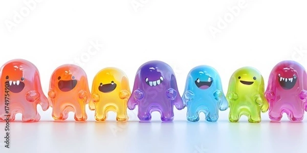 Fototapeta Colorful Transparent Monsters in a Row on a Light Background