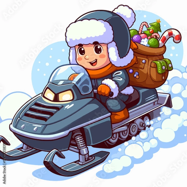 Fototapeta A cheerful cartoon child rides a snowmobile through the snow, carrying a sack filled with festive holiday gifts and candy.