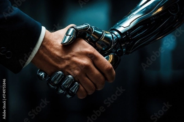 Fototapeta Businessman hand shaking the polished chrome hand of a futuristic robot