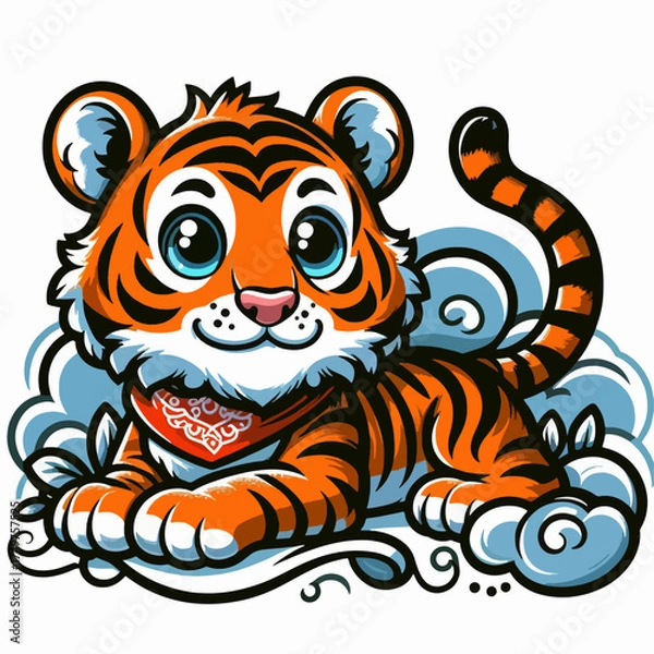 Fototapeta A cartoon illustration of a smiling male chef preparing and arranging grilled skewers on a wooden board with sauce.