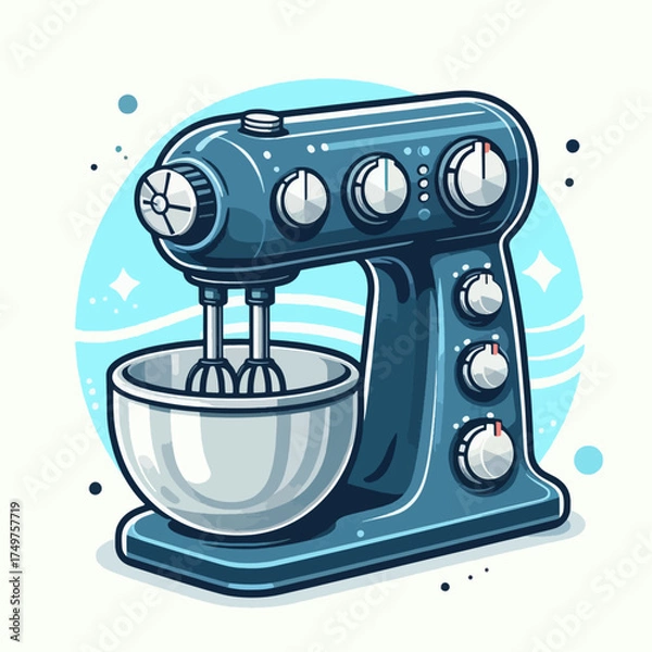 Fototapeta A cartoon illustration of a smiling male chef preparing and arranging grilled skewers on a wooden board with sauce.