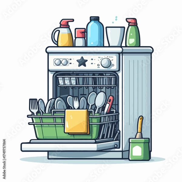 Fototapeta A cartoon illustration of a smiling male chef preparing and arranging grilled skewers on a wooden board with sauce.