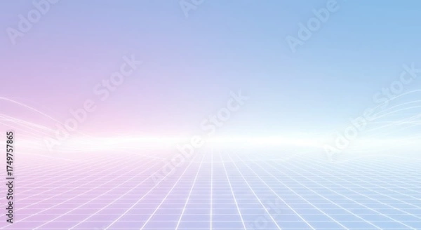 Fototapeta Ethereal digital landscape with glowing grid lines and soft pastel gradients evokes futuristic exploration and infinite possibilities for tech innovation.