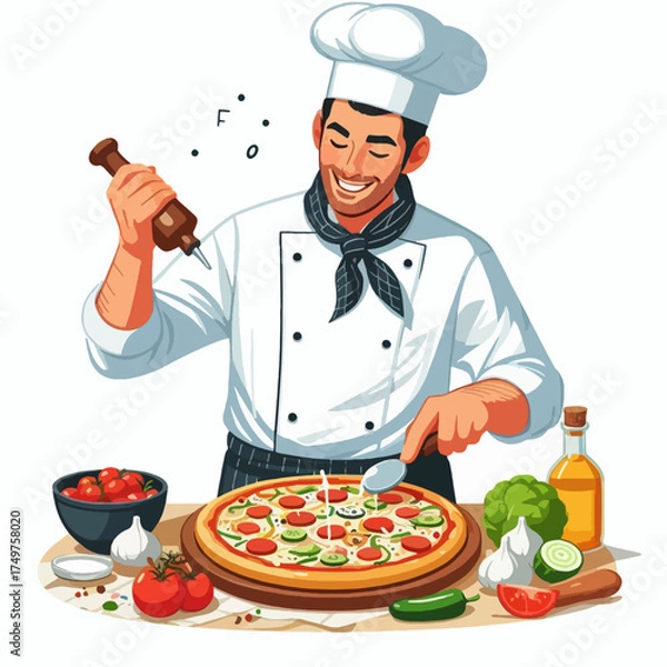 Fototapeta A cartoon illustration of a smiling male chef preparing and arranging grilled skewers on a wooden board with sauce.