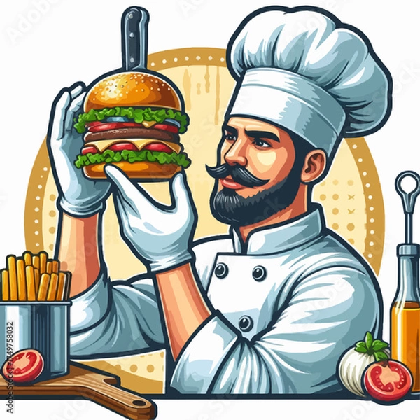 Fototapeta A cartoon illustration of a smiling male chef preparing and arranging grilled skewers on a wooden board with sauce.