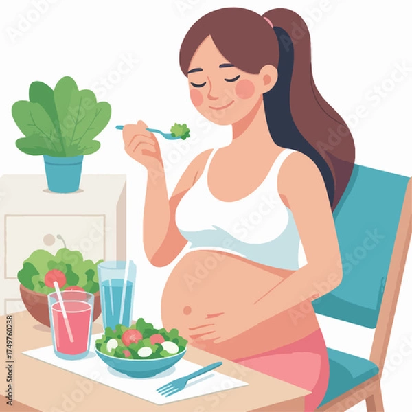 Fototapeta A happy pregnant woman enjoying a healthy meal of salad and drinks at a table, promoting good nutrition during pregnancy.