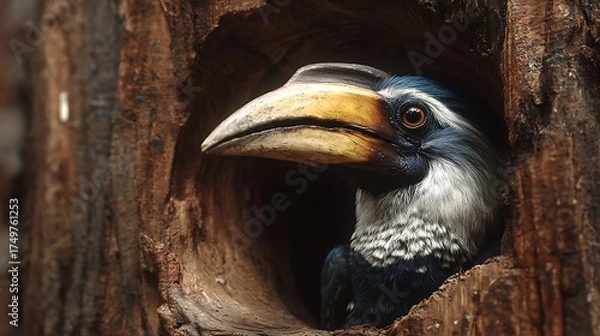 Fototapeta Portrait of a visayan hornbill in nest wildlife photography bird watching avian species nature conservation