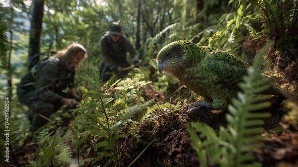 Fototapeta Kākāpō parrot in new zealand forest conservation efforts with researchers protecting endangered species