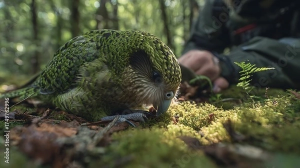 Fototapeta Kakapo parrot foraging in new zealand forest ground conservation wildlife endangered species bird nature photography