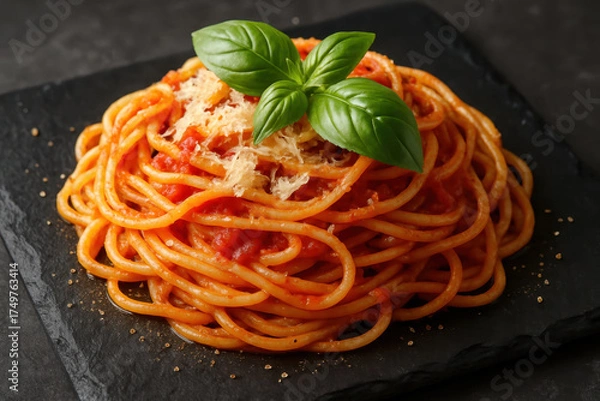 Fototapeta Spaghetti in Tomatensauce mit Parmesan und frischem Basilikum