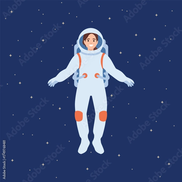 Obraz Smiling Female Astronaut Floating in Space. Flat vector illustration isolated on white background