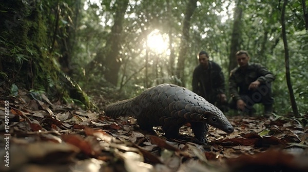 Fototapeta Pangolin conservation effort tracking endangered species in natural habitat with researchers present