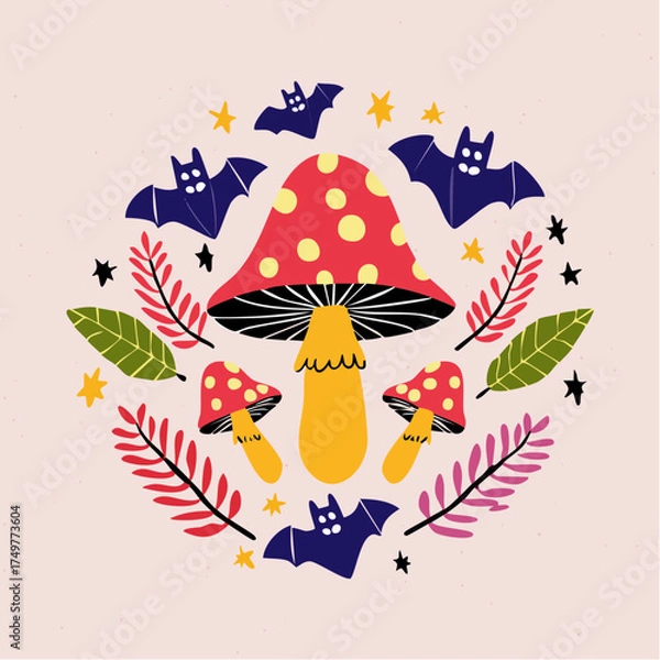 Obraz Set of adorable Halloween-themed icons and symbols including a bat, pumpkin, ghost, black bird, and festive card elements.