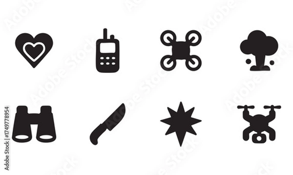 Obraz Black Icons of Heart, Walkie-Talkie, Drone, Tree, Binoculars, Knife, Explosion, and Payload Drone
