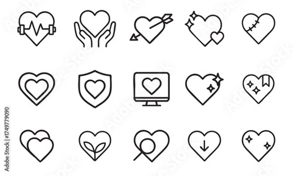 Obraz Line Icons of Stylized Hearts with Health, Technology, and Emotional Themes